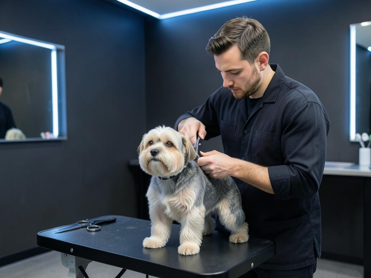 Groomer trimming a small dog's coat with scissors