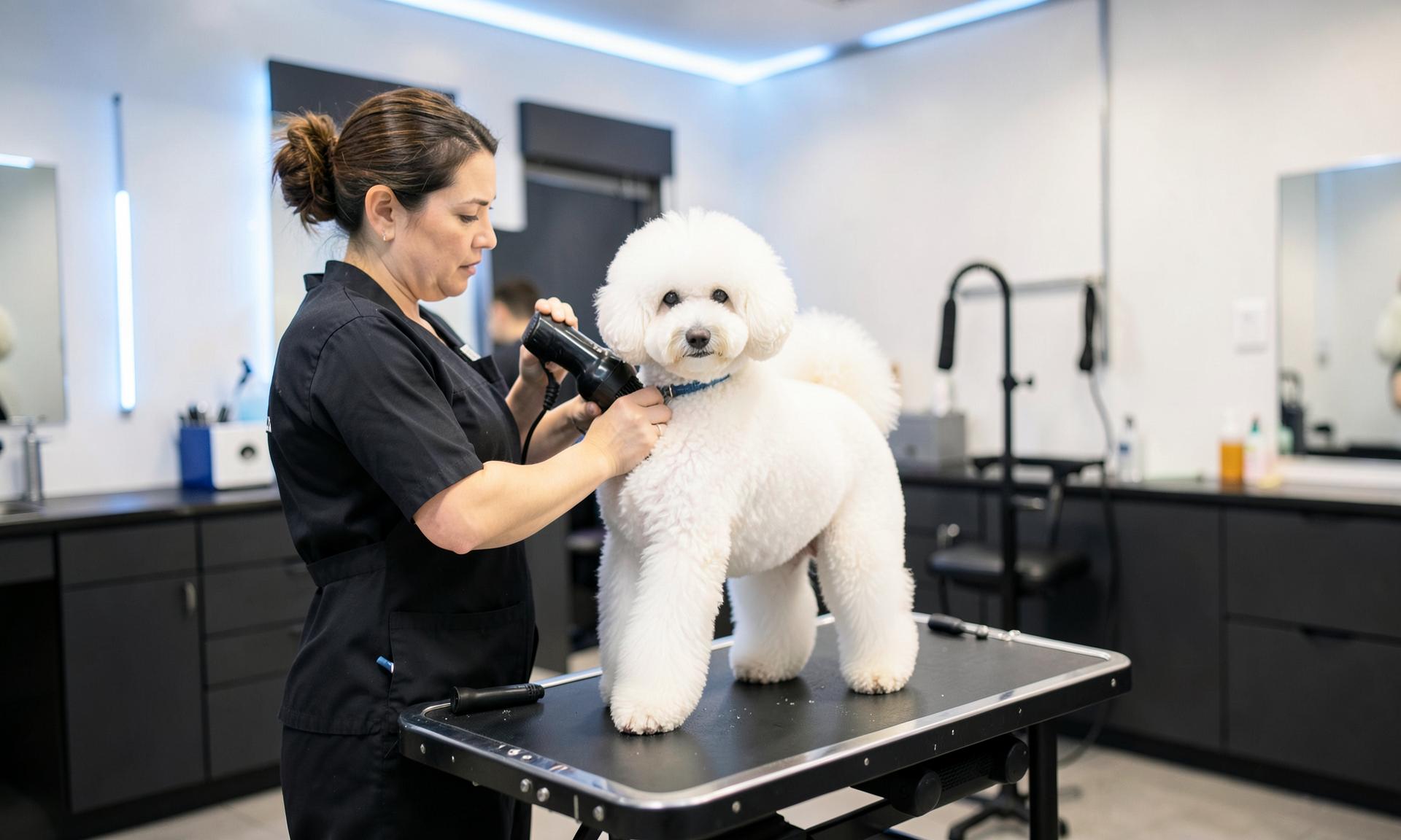 Groomer blow-drying a fluffy white poodle in a modern salon
